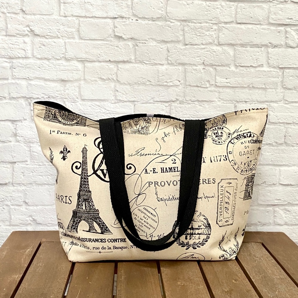 Handmade Foldable Travel/Market Tote - Black/Cream Paris Print